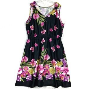 CW Classics‎ Womens Dress Midi Shift Black Floral Sleeveless V Neck Plus 2X